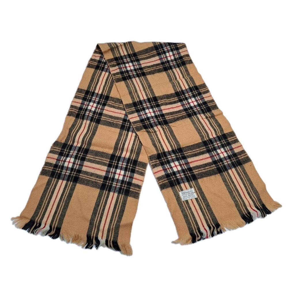 Baltman New York Vintage Wool Plaid Scarf Nova Check Plaid Tan Red Black